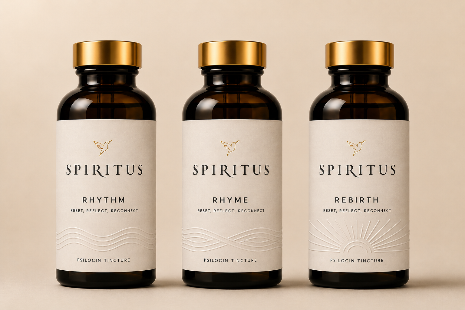 Spiritus Jamaica tincture range: Rhythm, Rhyme and Rebirth bottles at a tropical sunset