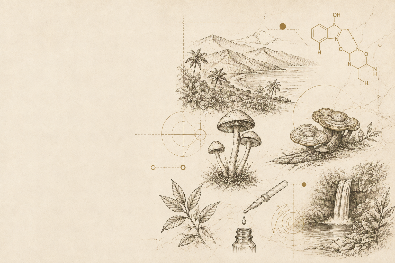 Hand-drawn mushrooms, botanical elements and subtle scientific sketches suggesting future Spiritus products in development