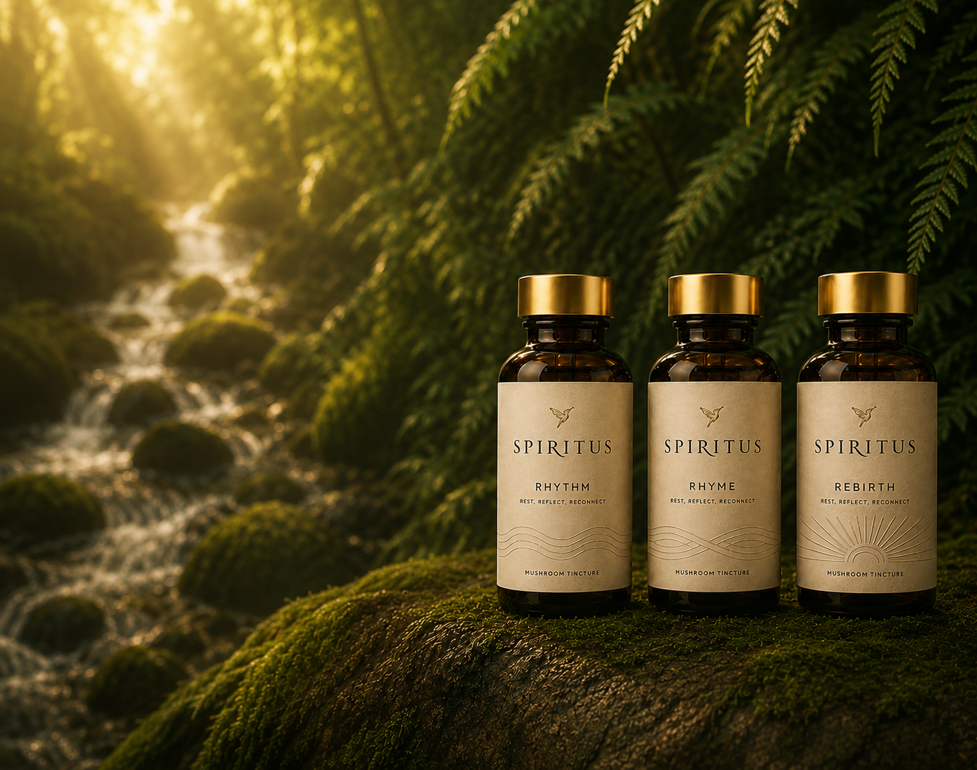 Three Spiritus bottles on a mossy rock in a Jamaican jungle