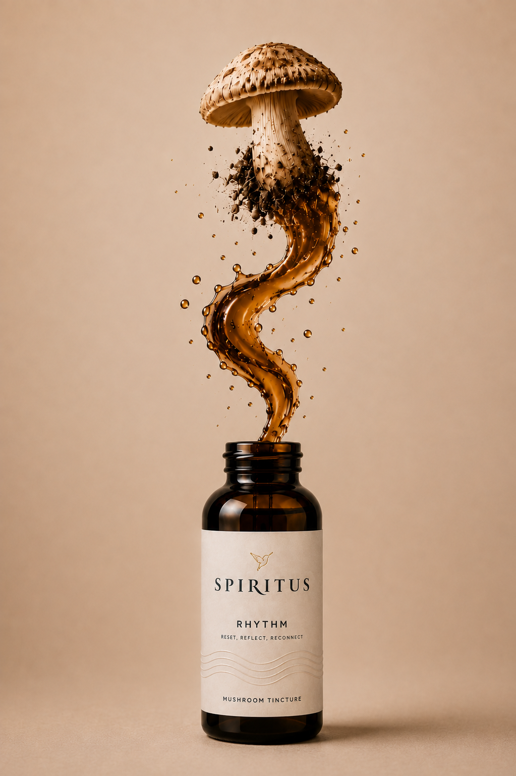 A mushroom dissolving into golden liquid above a Spiritus Rhythm bottle